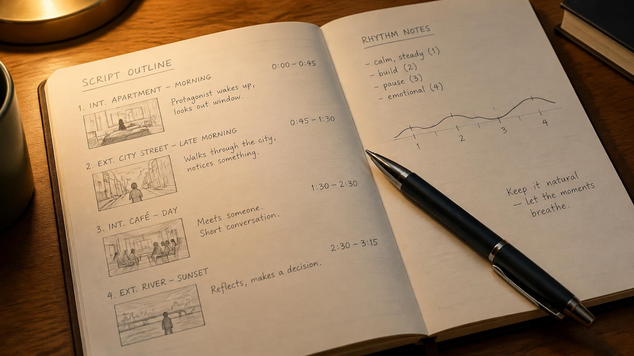 Notebook with script outline and rhythm notes on a table