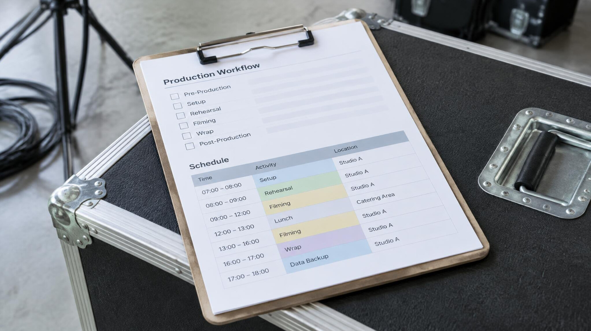 Production schedule and workflow checklist on a clipboard
