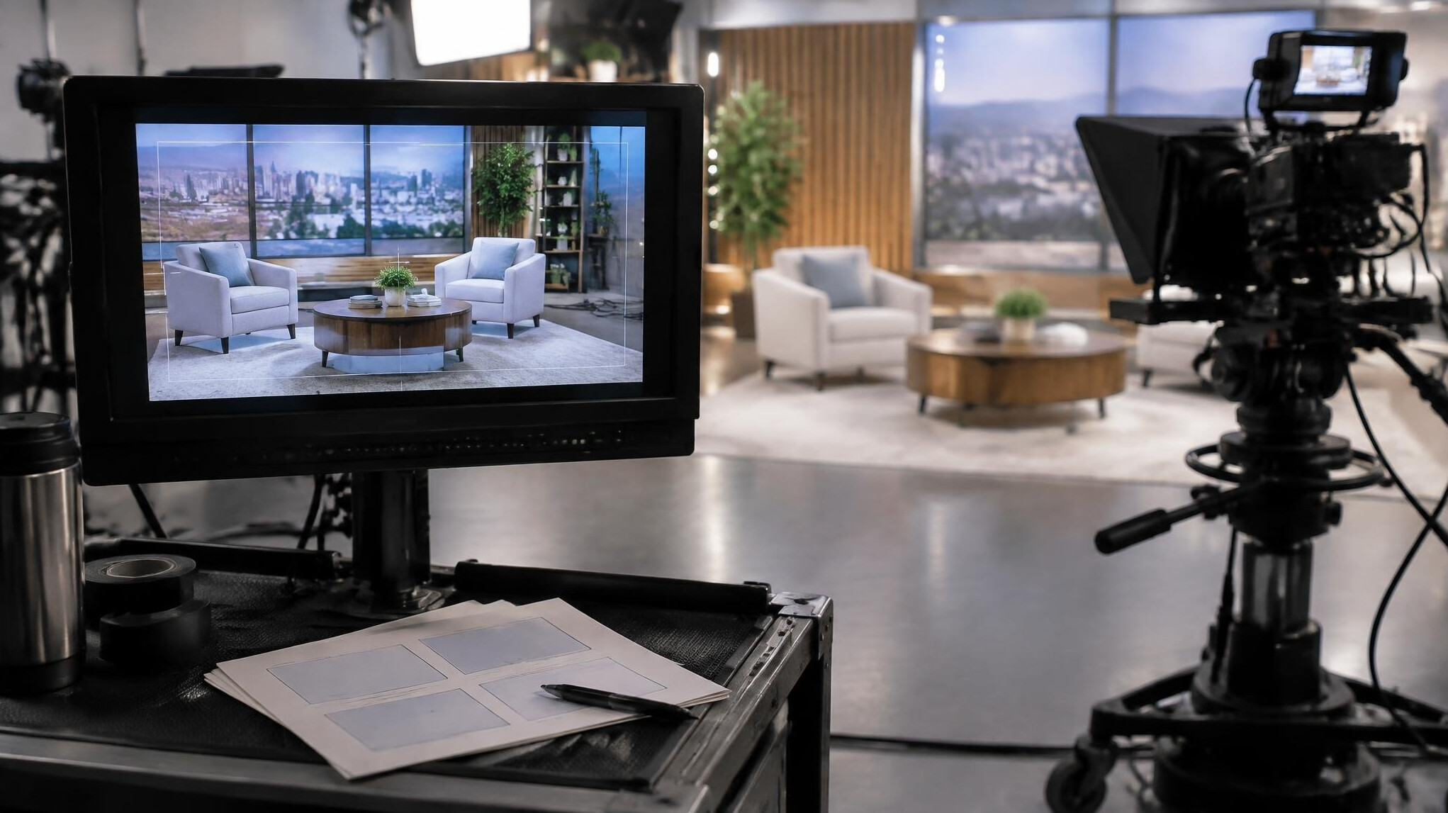 Camera cue cards and monitor on a studio set