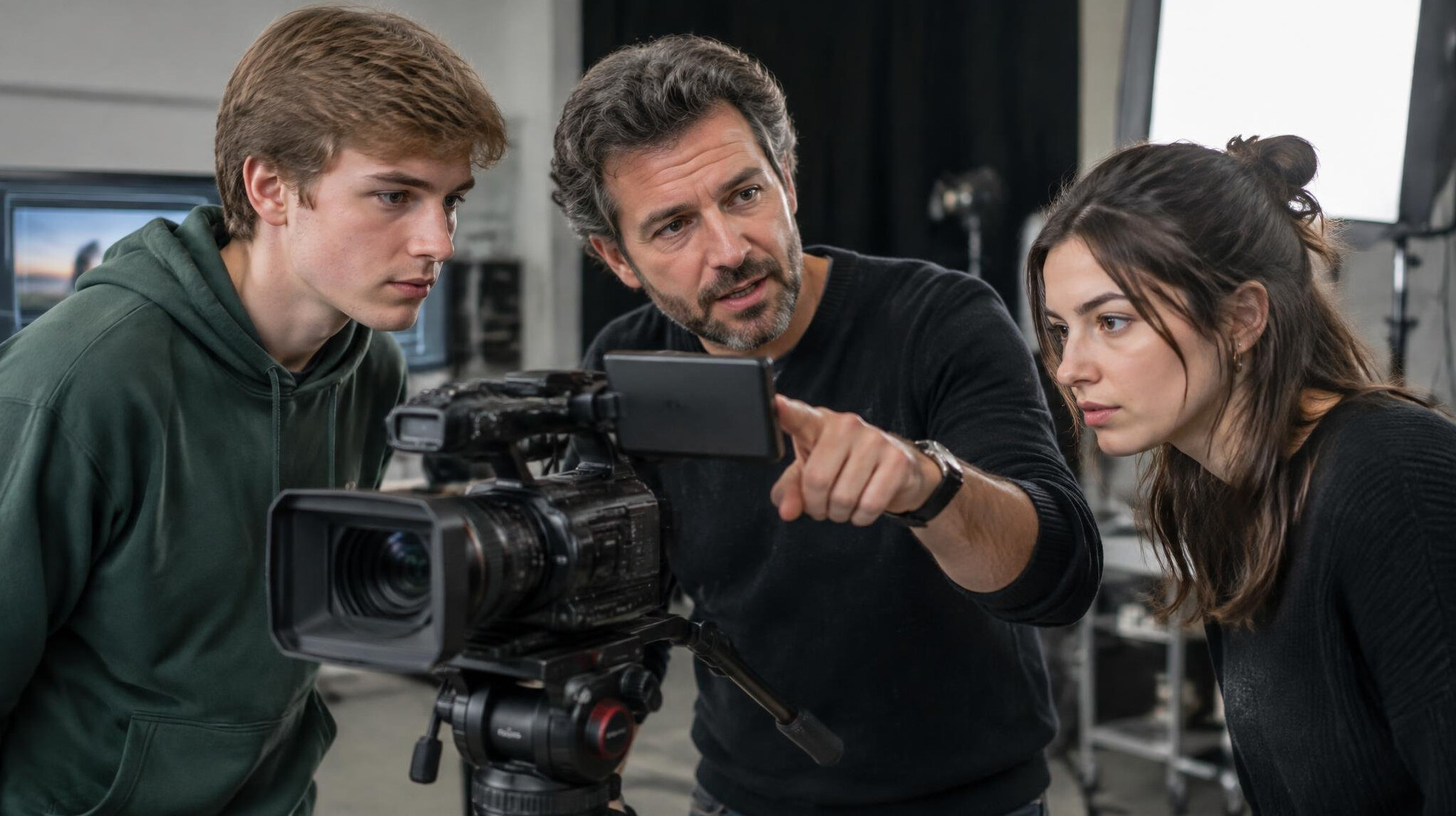 Trainer explaining camera framing to a small group