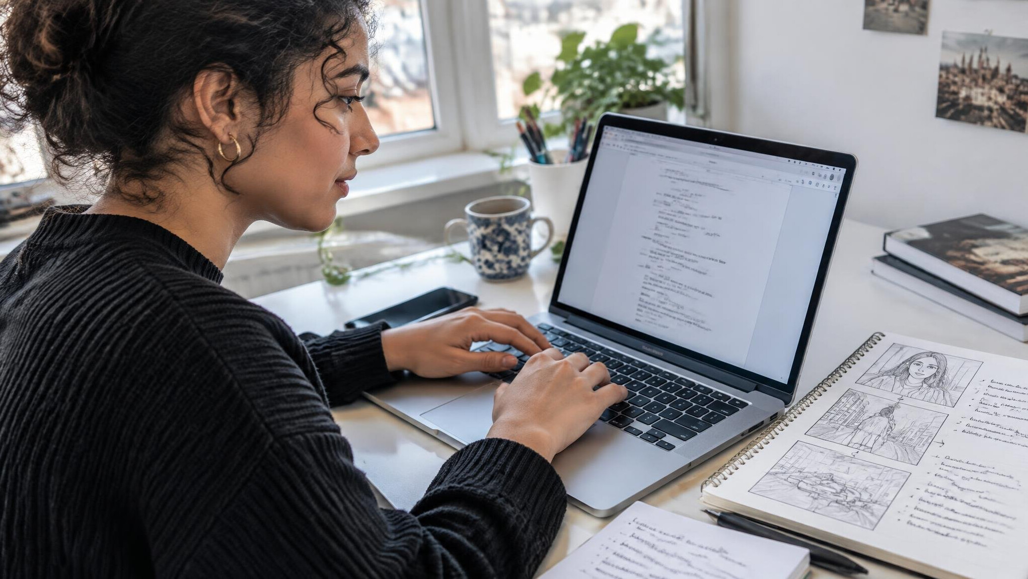 Writer typing a video script on a laptop next to notes