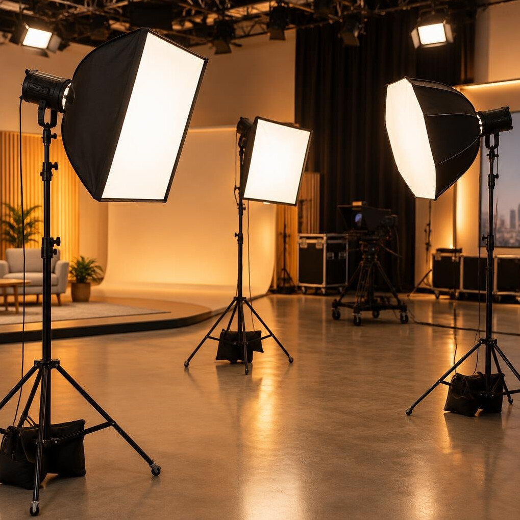 Studio softbox lighting equipment set up for filming