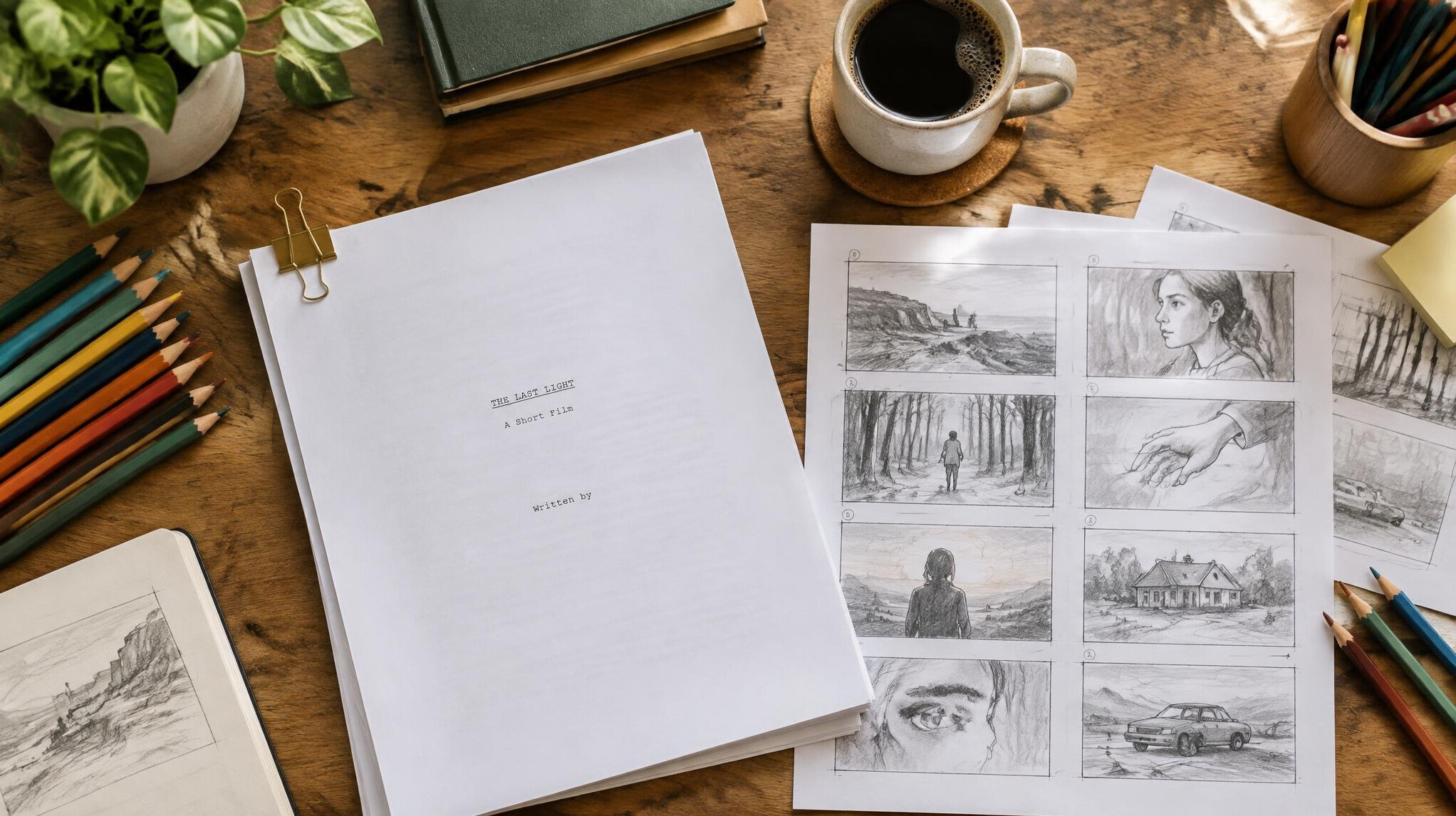 Script pages and storyboard sketches spread on a wooden desk