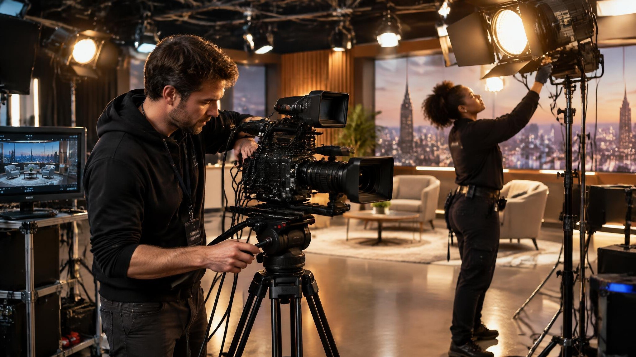Film crew setting up camera and lighting in a television studio