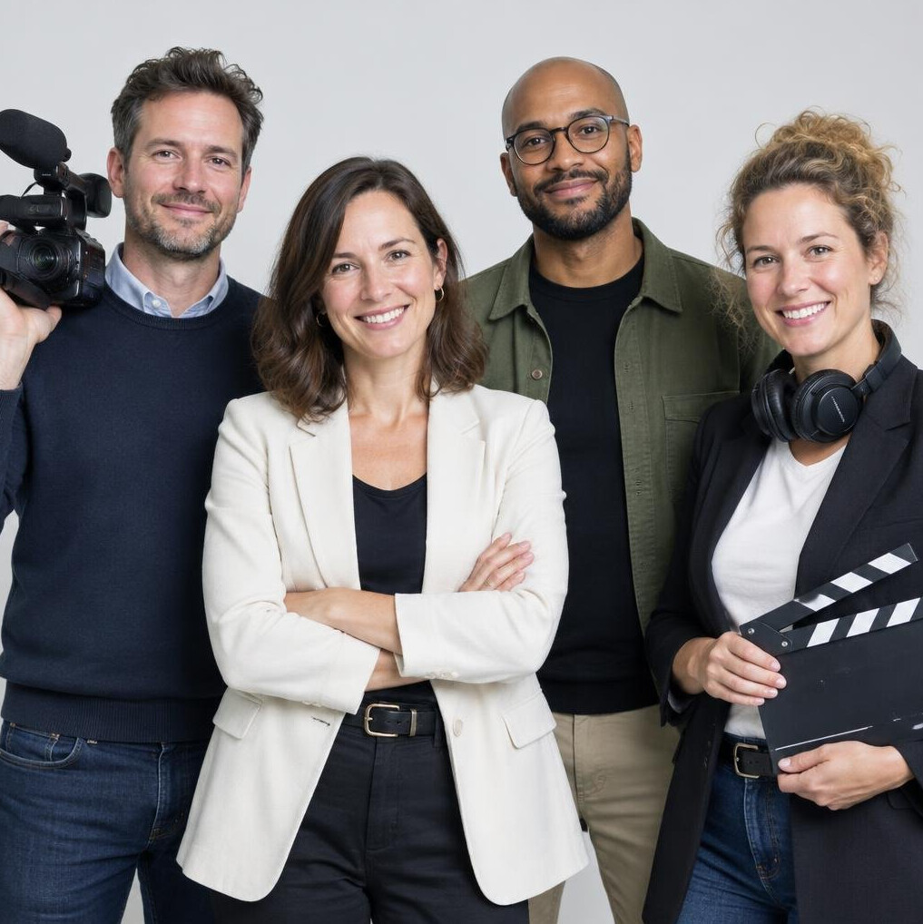 Group portrait of four media production trainers in a studio