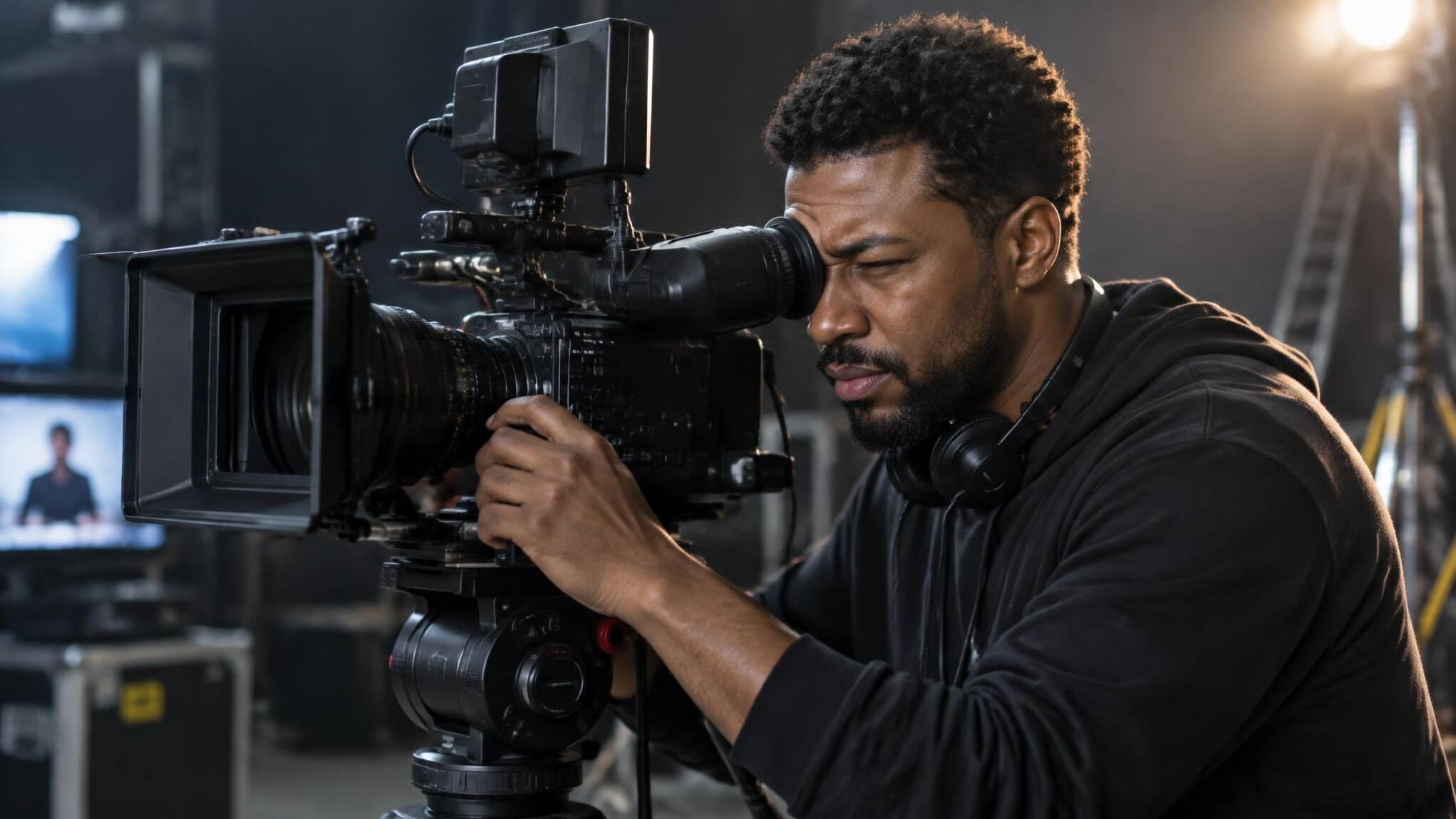 Camera operator framing a shot during a studio recording