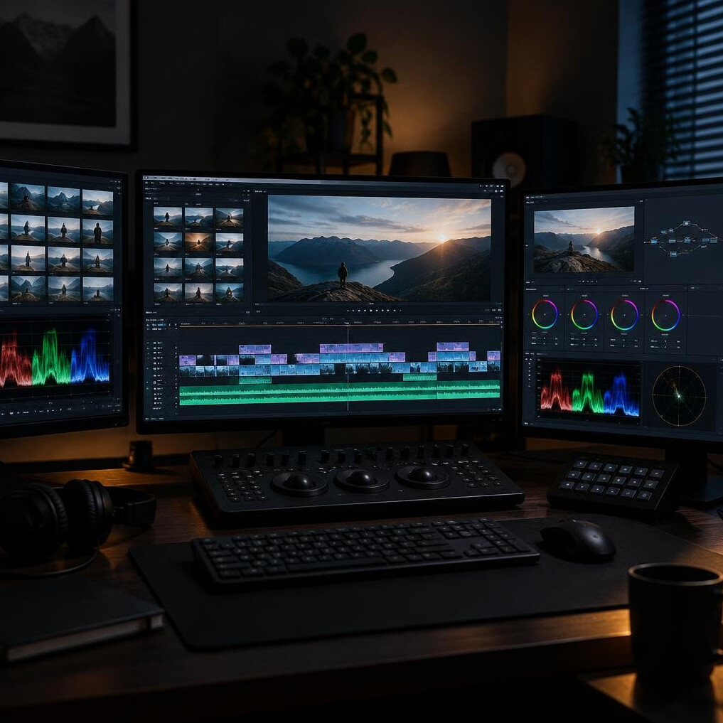 Video editor working on a timeline at a workstation