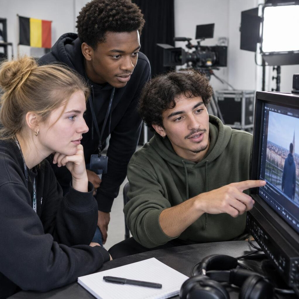 Small production team reviewing footage together on a monitor